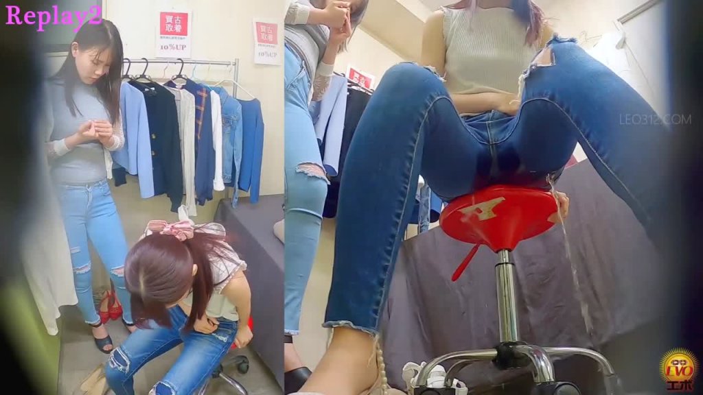 EE-721 02 Women’s clothing store hidden camera: jeans soaking wet due to pee leakage