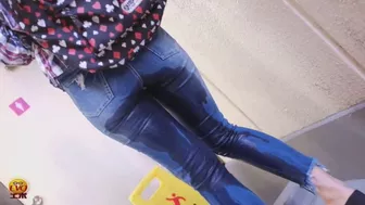 EE-234 01 Wetting in jeans Outdoor desperation and pissing in the line to the toilet